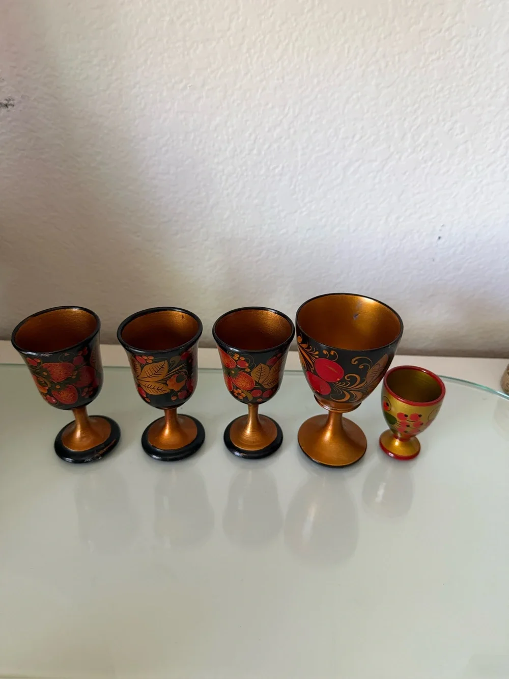 Russian Lacquer Hand-Painted Decorative Wooden Cups Set - 5 Vtg